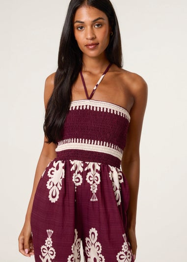 Blue Vanilla Burgundy Strapless Shirred Waist Jumpsuit