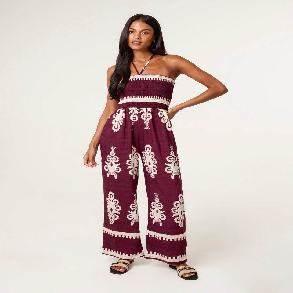 Blue Vanilla Burgundy Strapless Shirred Waist Jumpsuit