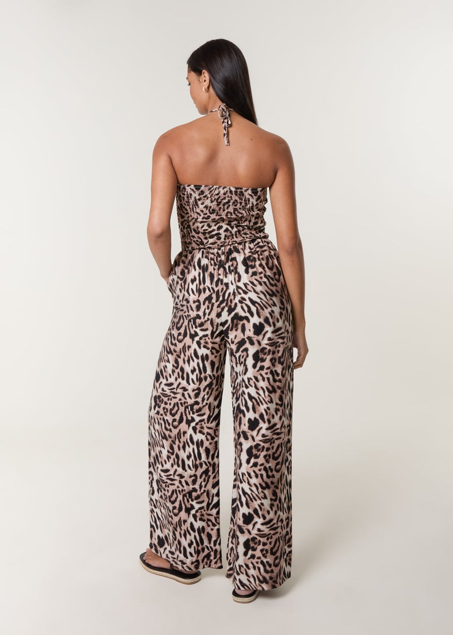 Blue Vanilla Brown Leopard Print Shirred Waist Jumpsuit