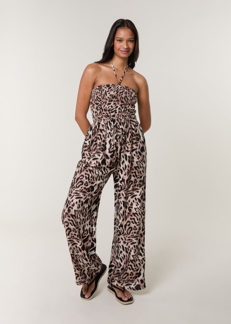 Blue Vanilla Brown Leopard Print Shirred Waist Jumpsuit