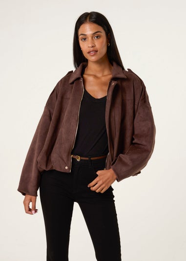 Blue Vanilla Brown Suedette Puffball Jacket