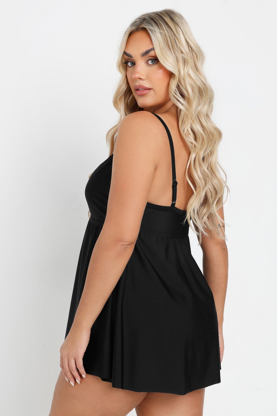 Yours Curve Black Mesh Panel Tummy Control Swim Dress