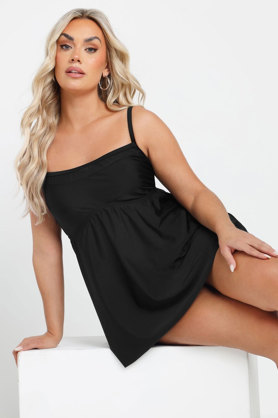 Yours Curve Black Mesh Panel Tummy Control Swim Dress