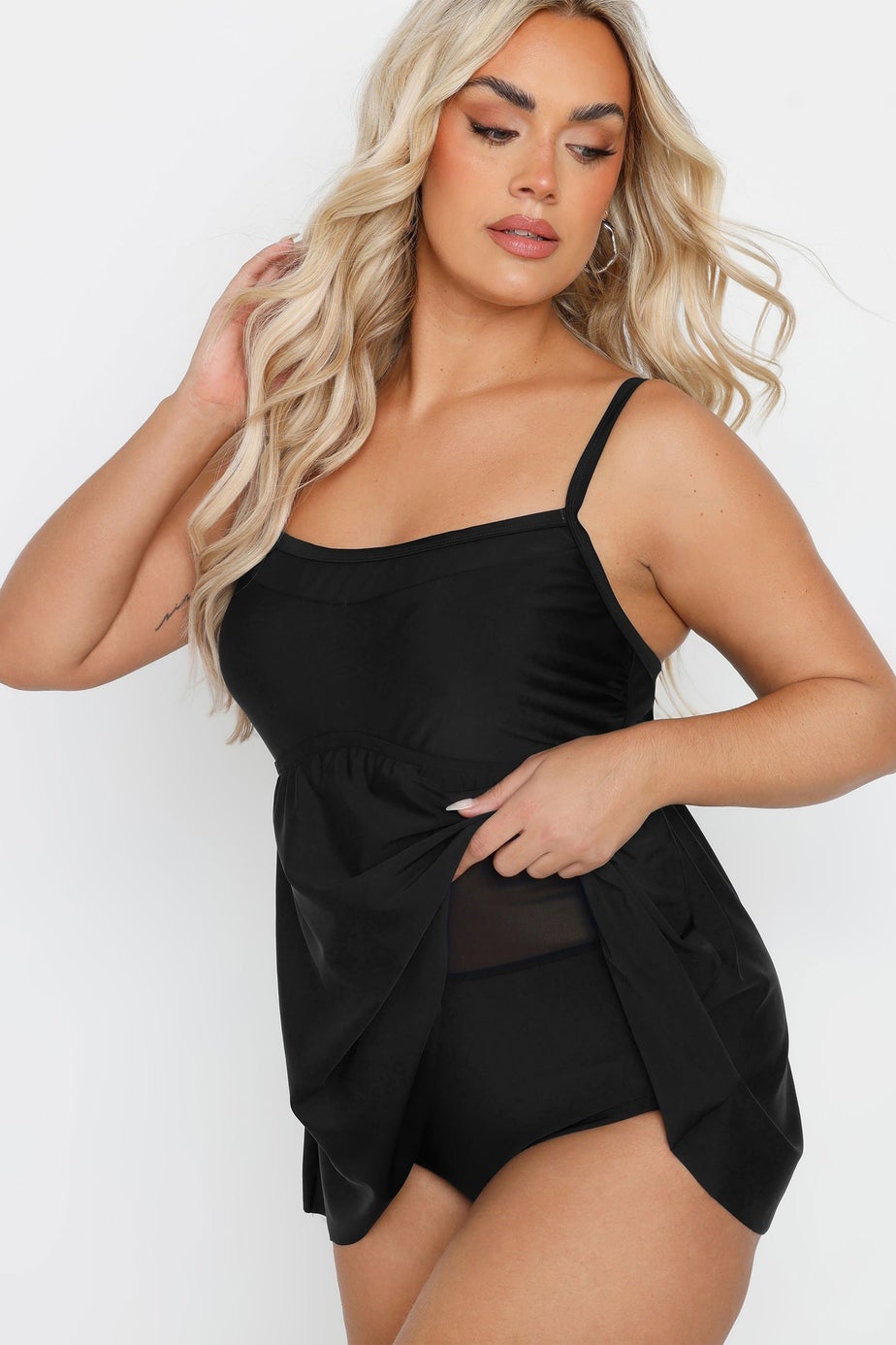 Yours Curve Black Mesh Panel Tummy Control Swim Dress