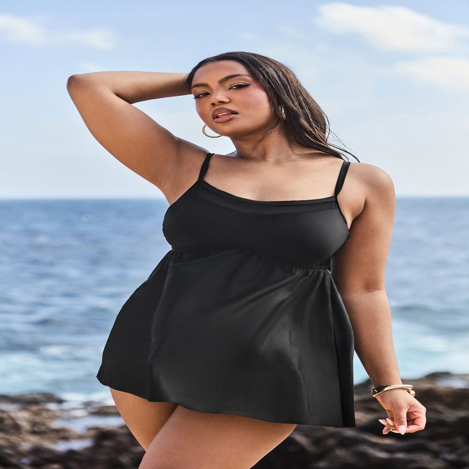 Yours Curve Black Mesh Panel Tummy Control Swim Dress