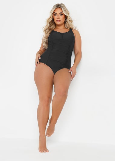 Yours Curve Black Ruched Mesh Tummy Control Swimsuit