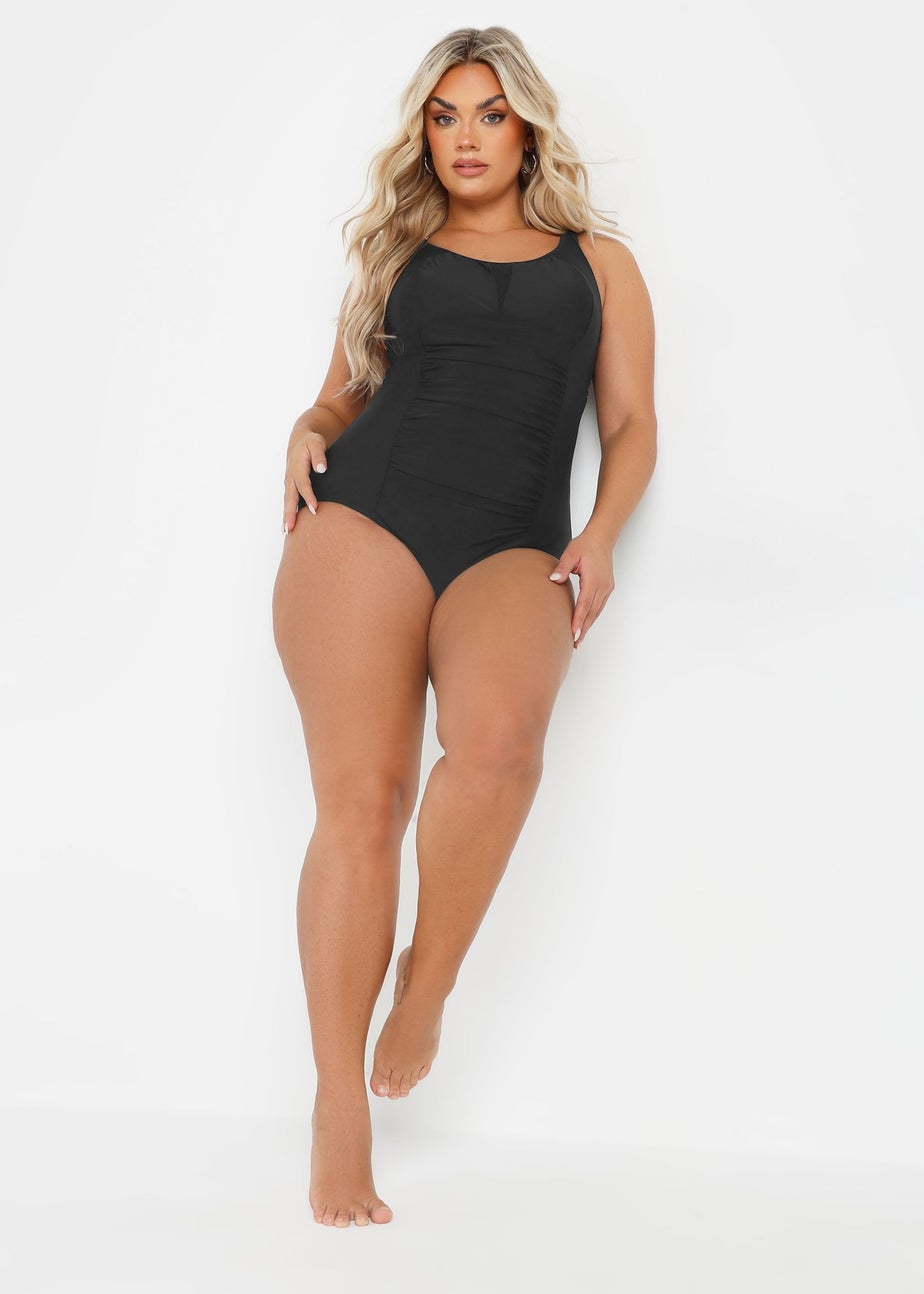 Yours Curve Black Ruched Mesh Tummy Control Swimsuit