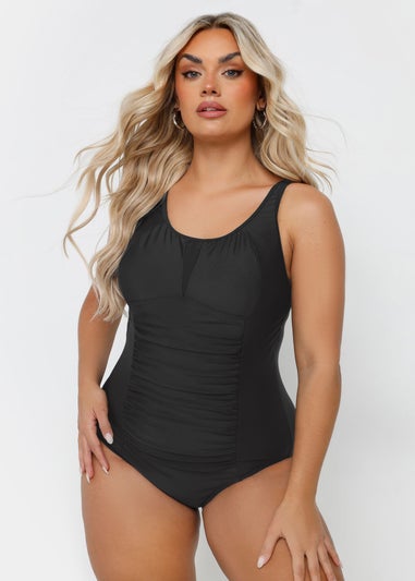 Yours Curve Black Ruched Mesh Tummy Control Swimsuit