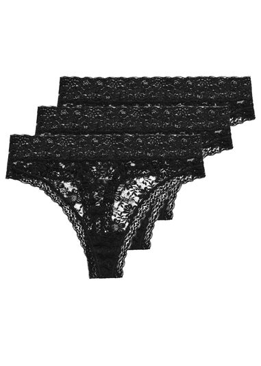 Yours Curve 3 Pack Black Lace High Waisted Thongs
