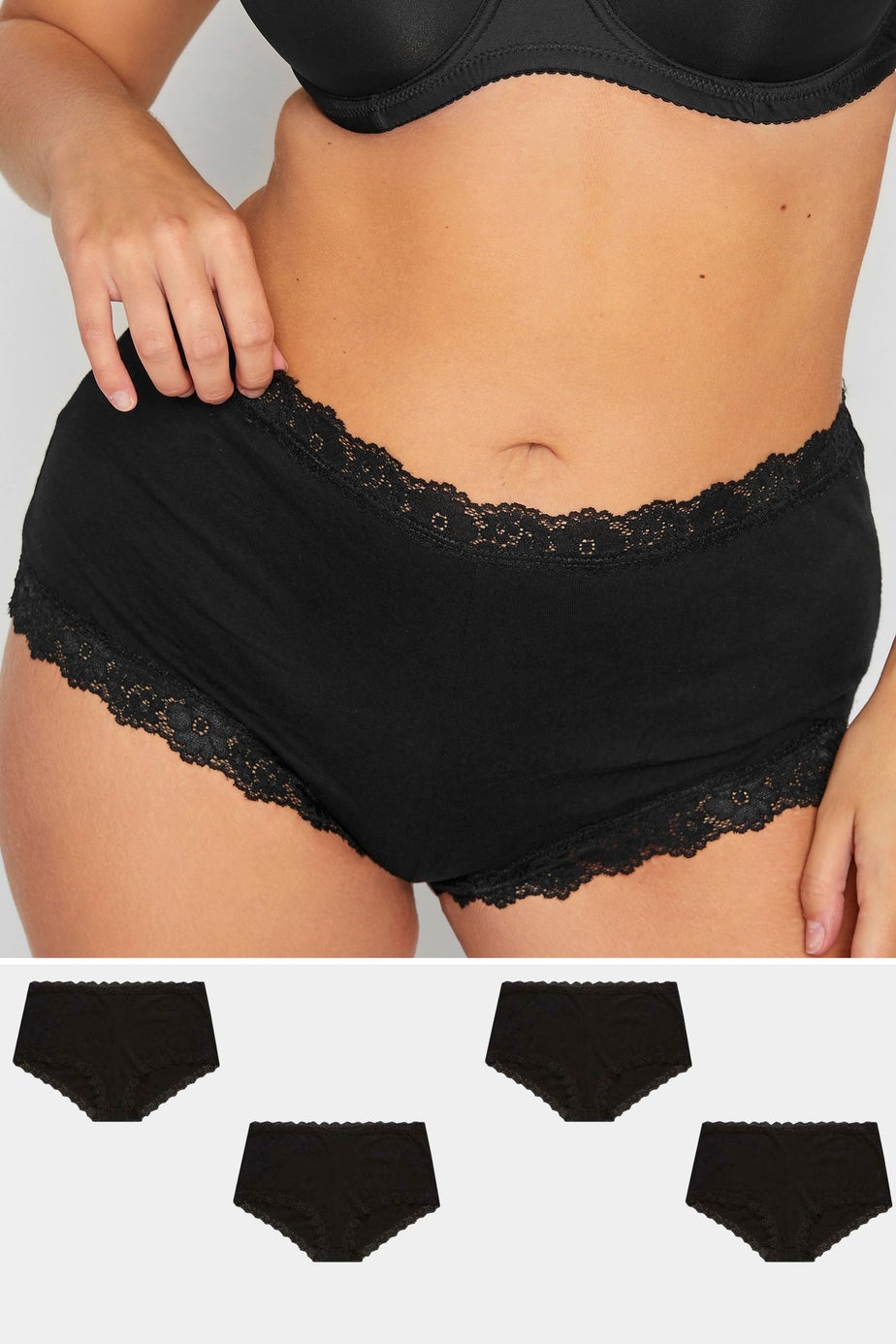 Yours 4 Pack Curve Black Lace Trim High Waisted Shorts