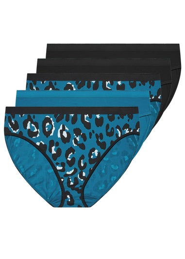 Yours Curve 5 Pack Blue Leopard Print High Leg Knickers