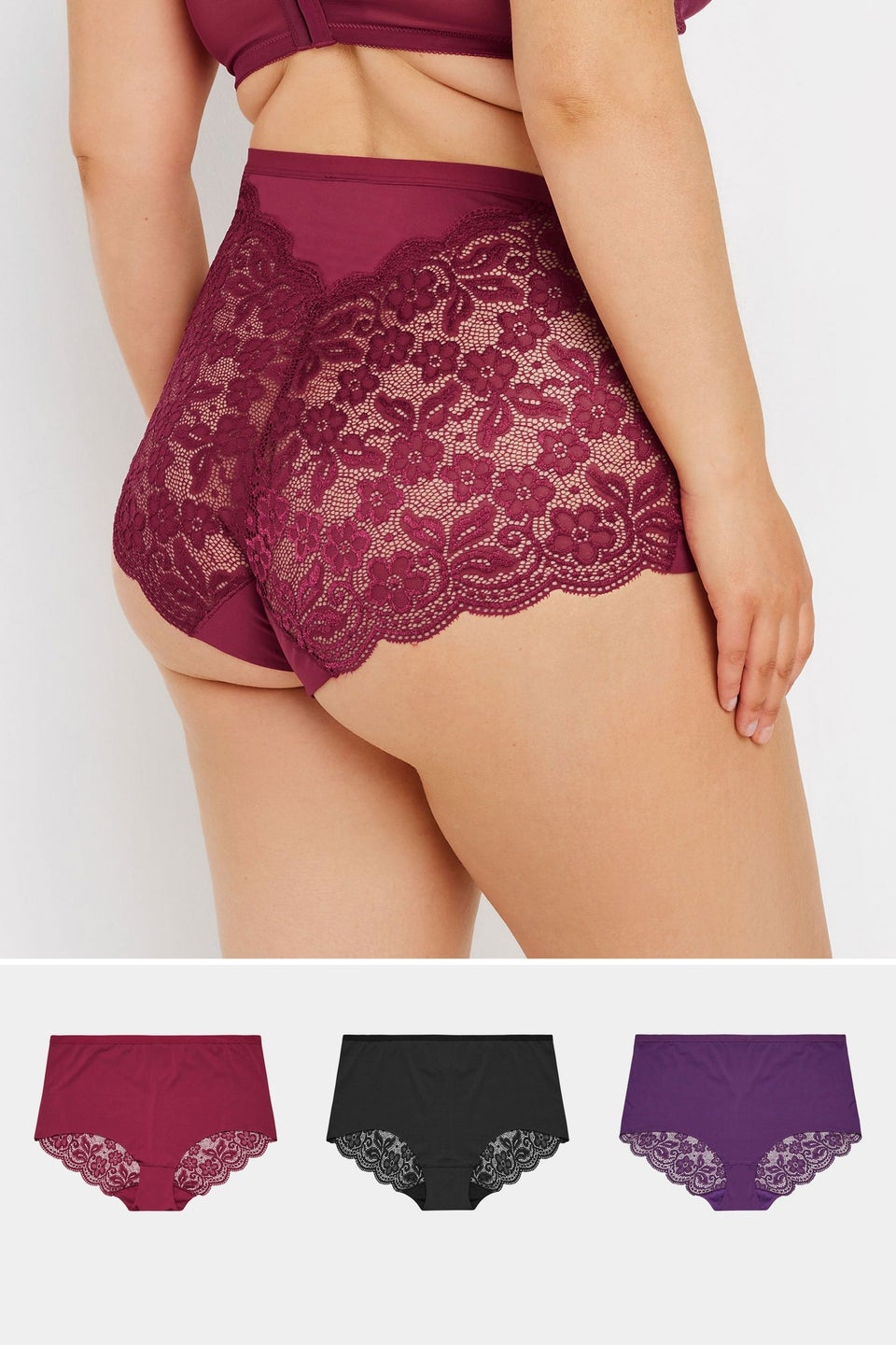 Yours 3 Pack Curve Red & Purple Lace Back High Waisted Knickers