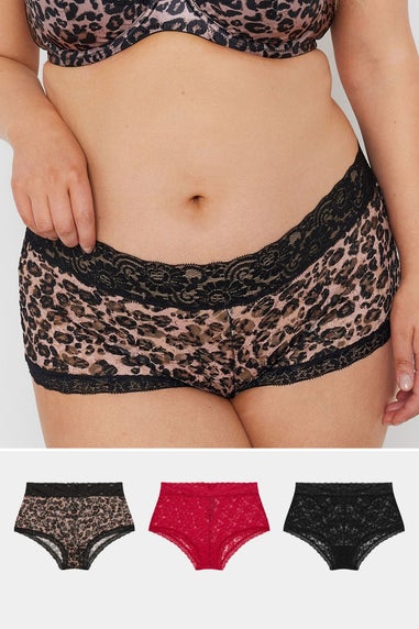 Yours Curve 3 Pack Red & Black Leopard Print Lace Mid Rise Shorts