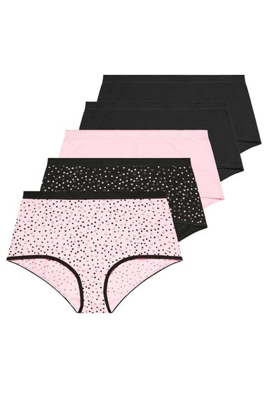 Yours 5 Pack Curve Pink & Black Heart Print Full Briefs