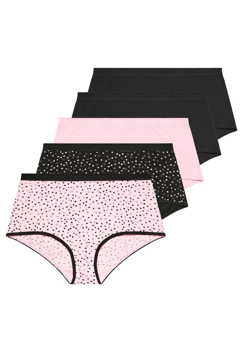 Yours 5 Pack Curve Pink & Black Heart Print Full Briefs