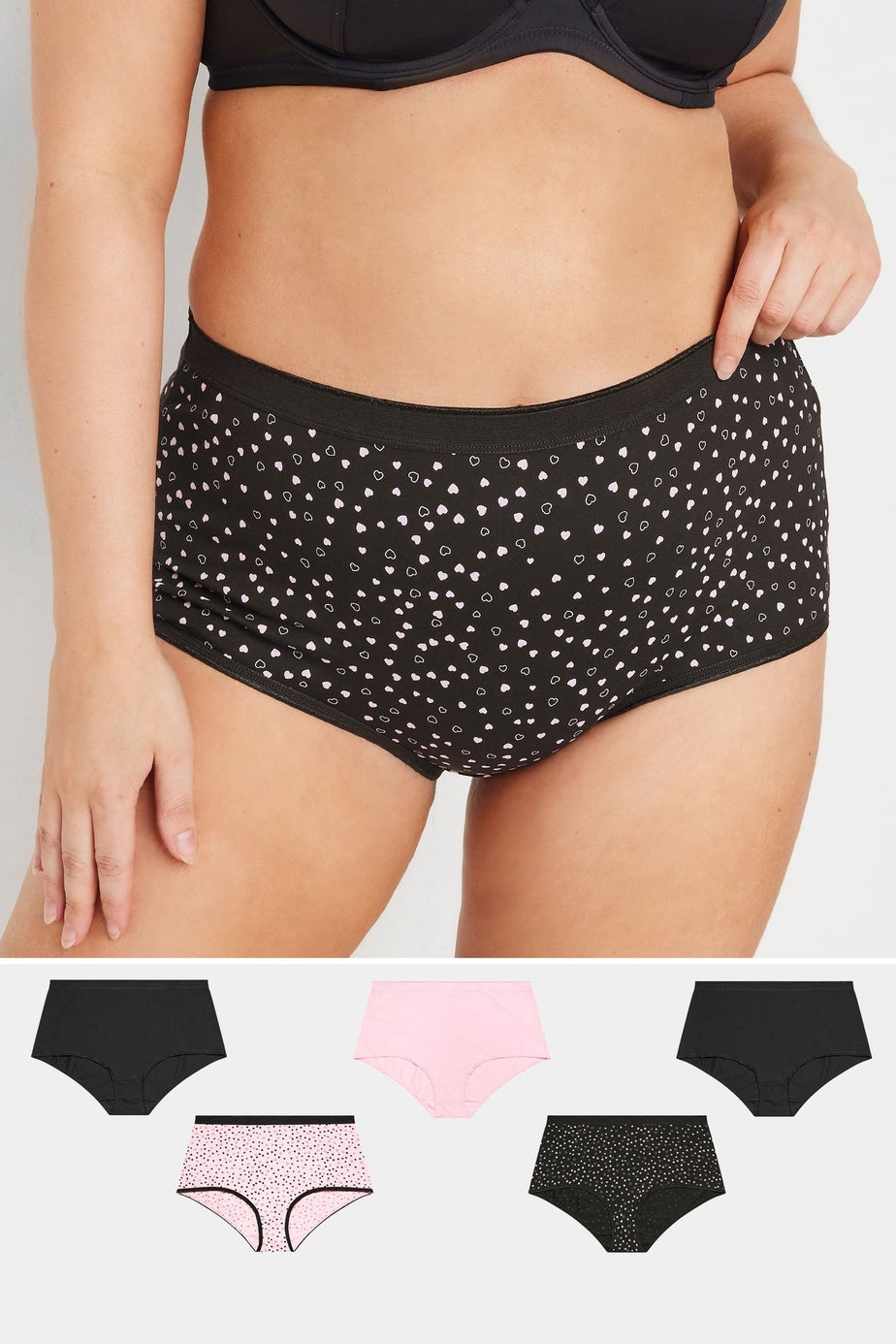 Yours 5 Pack Curve Pink & Black Heart Print Full Briefs
