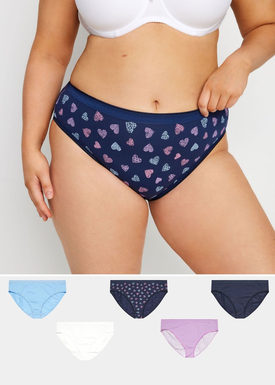 Yours 5 Pack Curve Navy Blue Heart Print High Leg Knickers