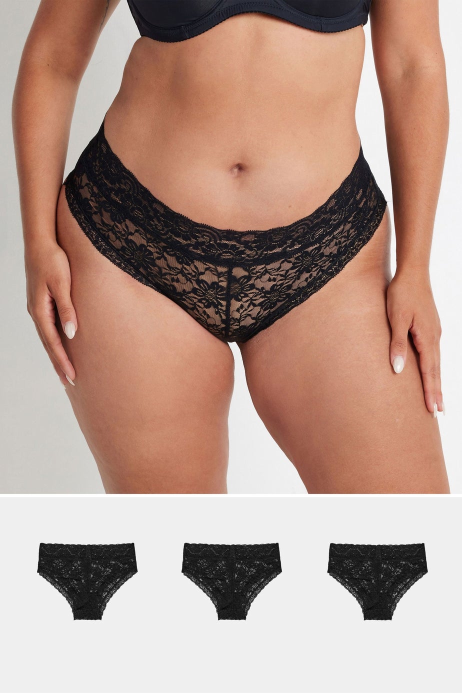 Yours Curve 3 Pack Black Lace Brazilian Briefs