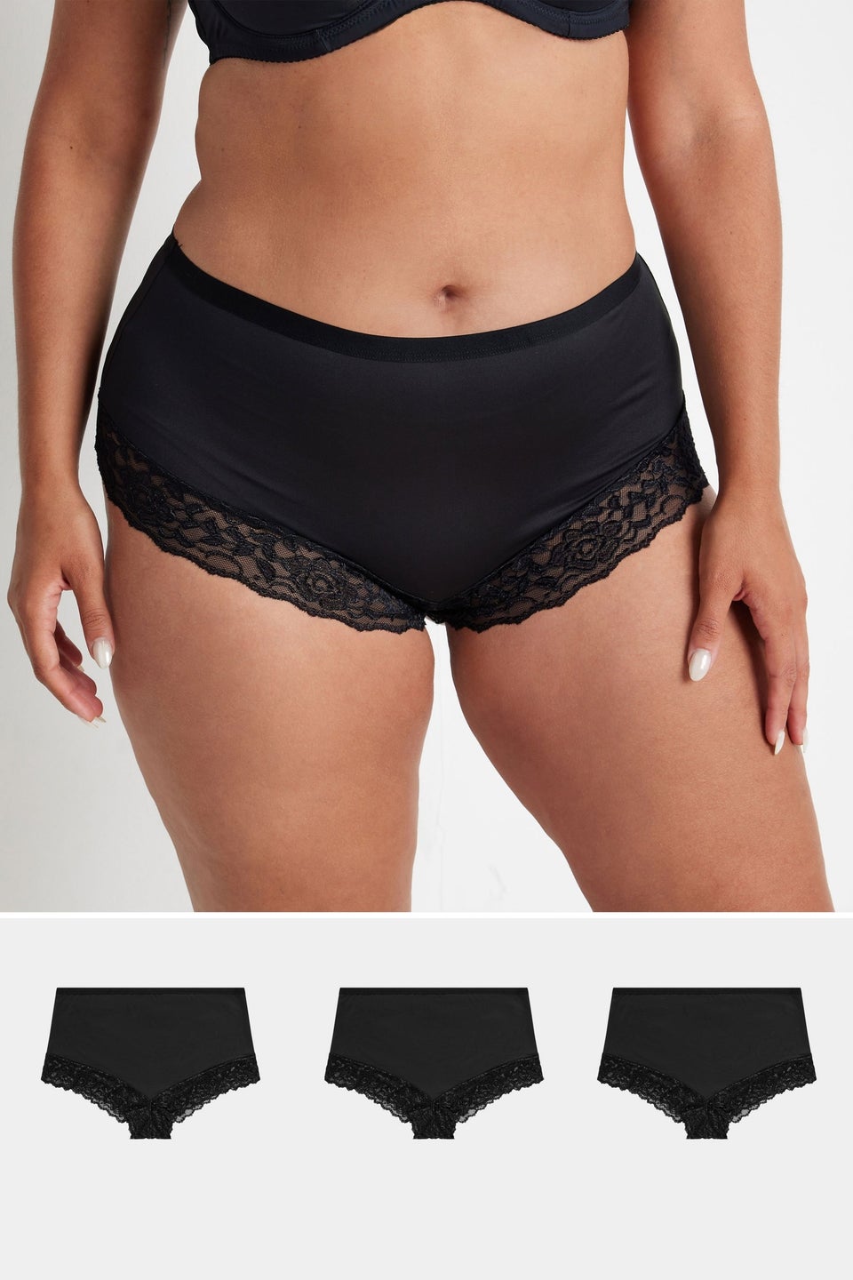 Yours Curve 3 Pack Black Lace Trim Briefs