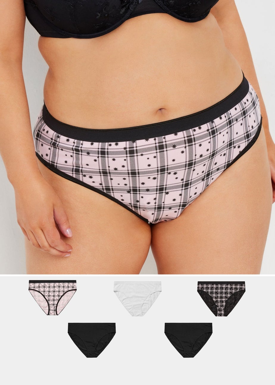 Yours 5 Pack Curve Black & Pink Check Print High Leg Knickers