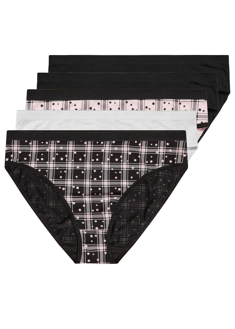 Yours 5 Pack Curve Black & Pink Check Print High Leg Knickers