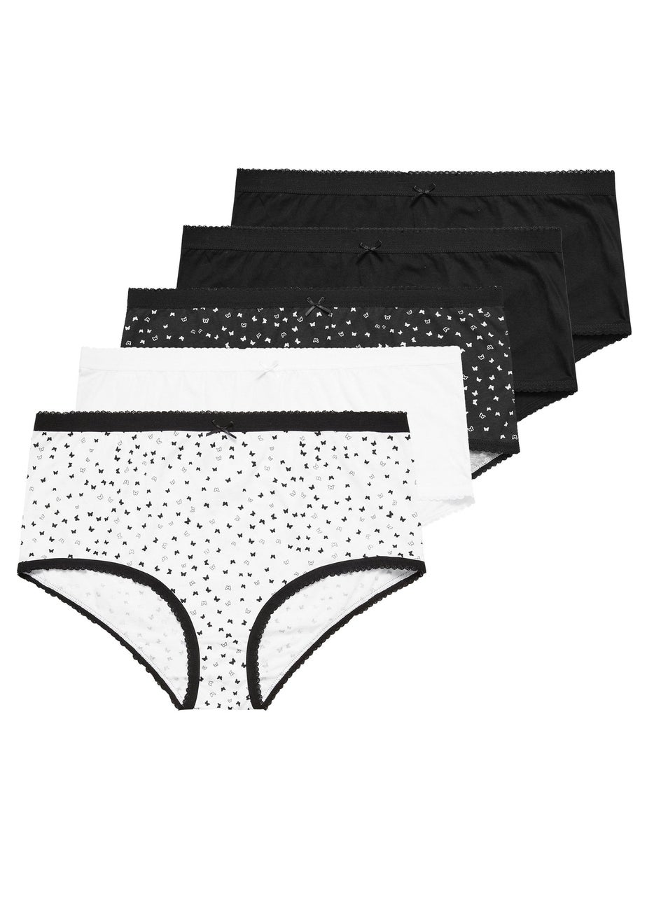 Yours 5 Pack Curve Black & White Butterfly Design High Waisted Full Briefs