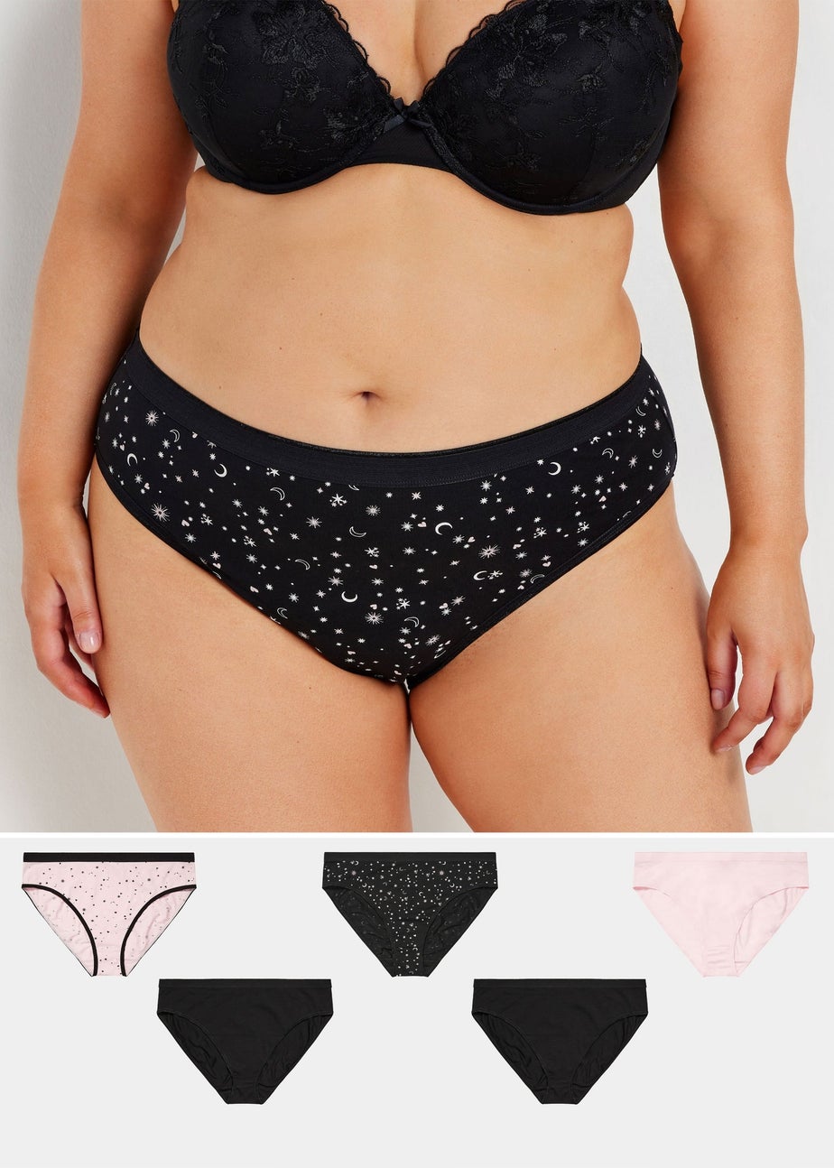 Yours 5 Pack Curve Black & Pink Star Print High Leg Knickers
