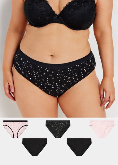 Yours 5 Pack Curve Black & Pink Star Print High Leg Knickers