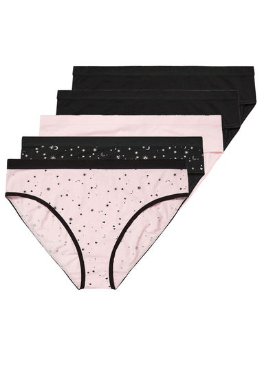 Yours 5 Pack Curve Black & Pink Star Print High Leg Knickers