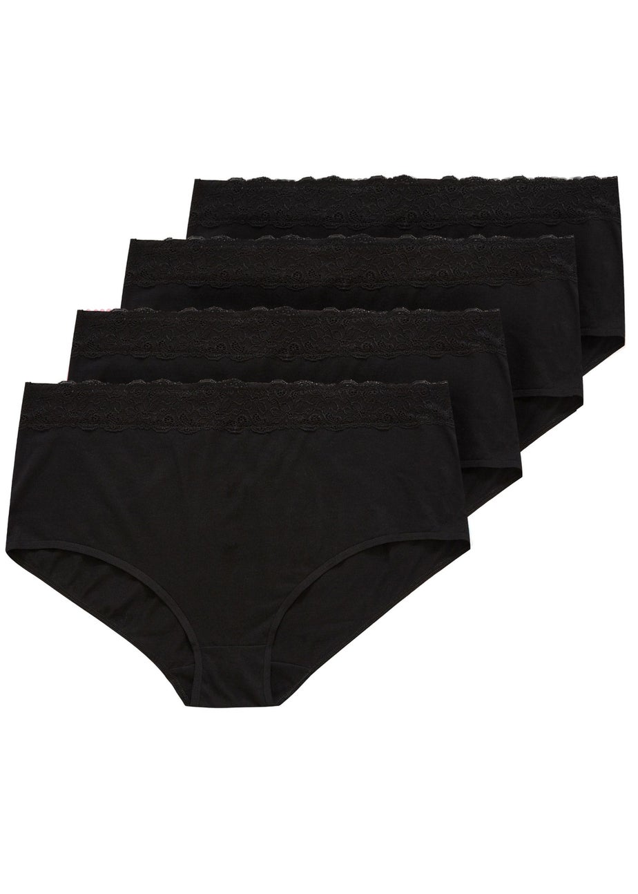 Yours 4 Pack Curve Black Lace Trim High Waisted Full Briefs