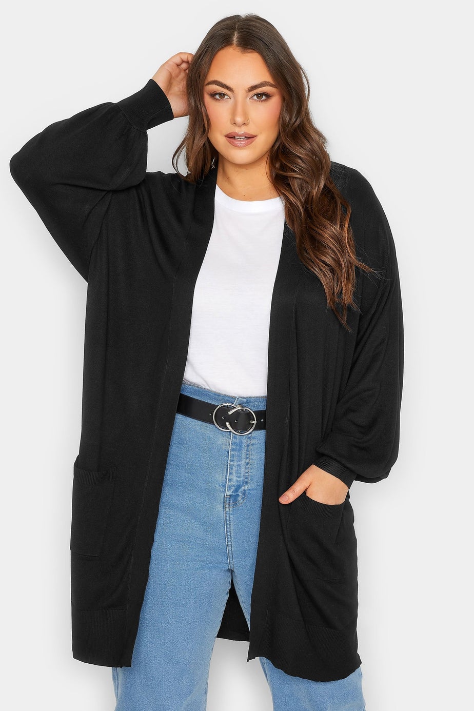 Yours Curve Black Balloon Sleeve Fine Knit Cardigan