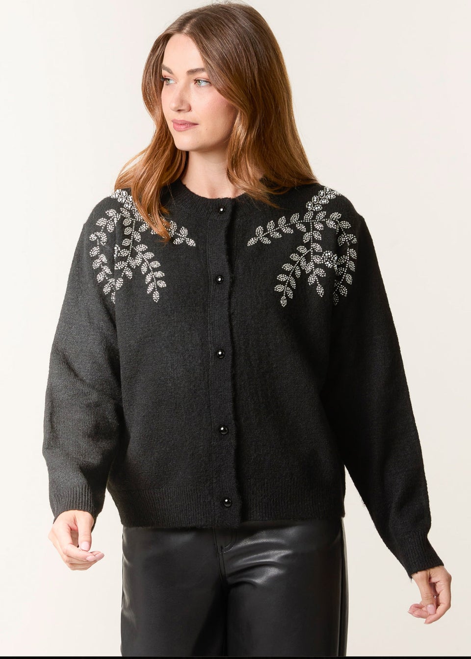 Blue Vanilla Black Diamante Detailed Leaf Branch Cardigan