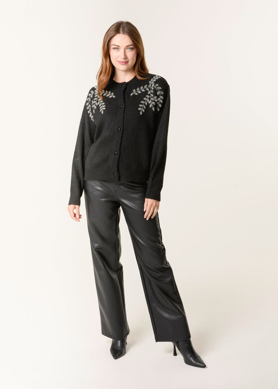 Blue Vanilla Black Diamante Detailed Leaf Branch Cardigan
