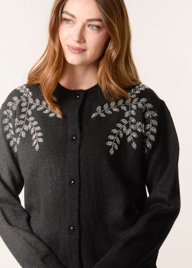 Blue Vanilla Black Diamante Detailed Leaf Branch Cardigan