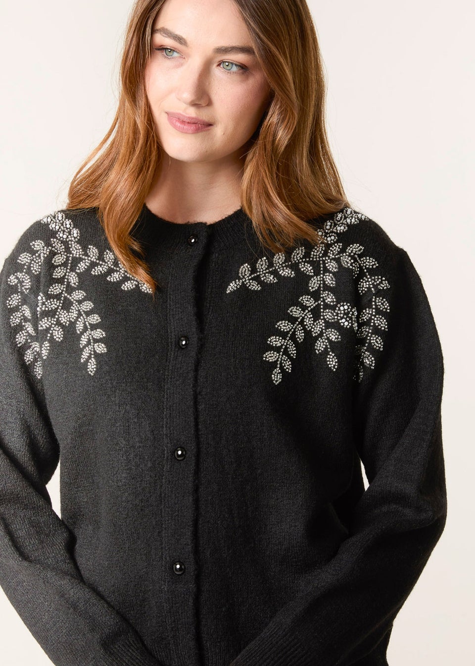 Blue Vanilla Black Diamante Detailed Leaf Branch Cardigan