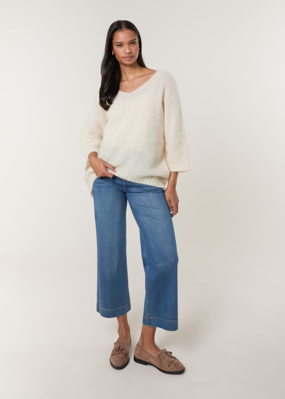 Blue Vanilla Beige Fluffy Textured V Neck Jumper