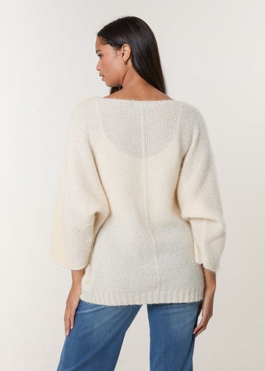 Blue Vanilla Beige Fluffy Textured V Neck Jumper