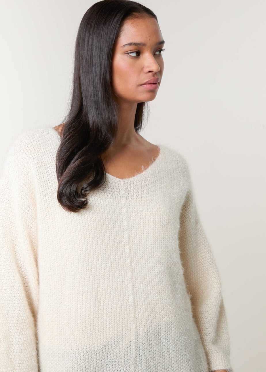Blue Vanilla Beige Fluffy Textured V Neck Jumper