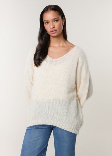 Blue Vanilla Beige Fluffy Textured V Neck Jumper