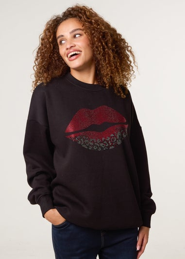 Blue Vanilla Black Rhinestone Lips Sweatshirt