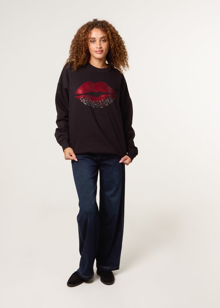 Blue Vanilla Black Rhinestone Lips Sweatshirt