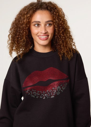 Blue Vanilla Black Rhinestone Lips Sweatshirt