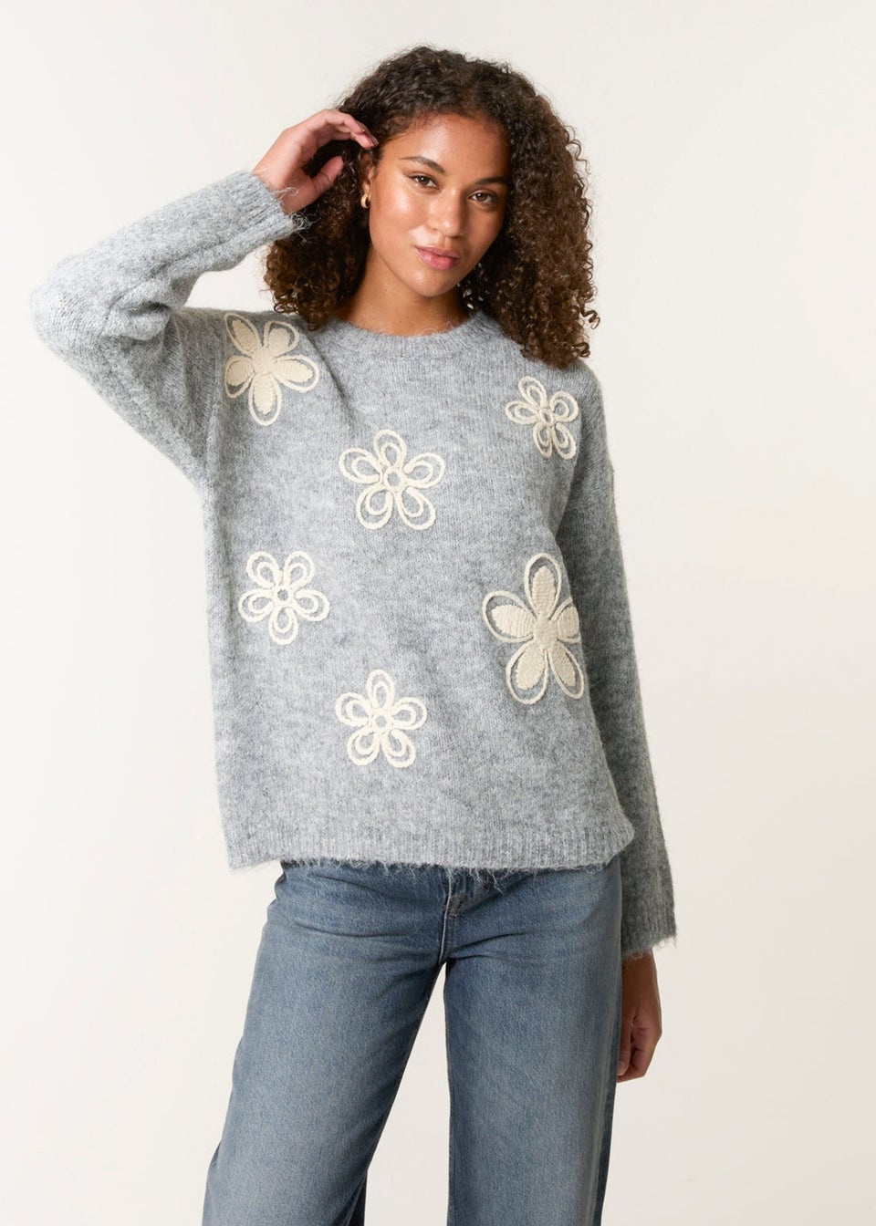 Blue Vanilla Grey Jumper With Embroidered Flowers