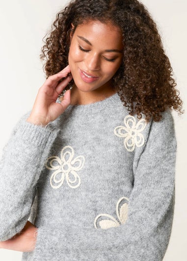 Blue Vanilla Grey Jumper With Embroidered Flowers