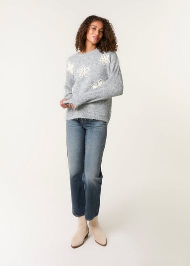 Blue Vanilla Grey Jumper With Embroidered Flowers