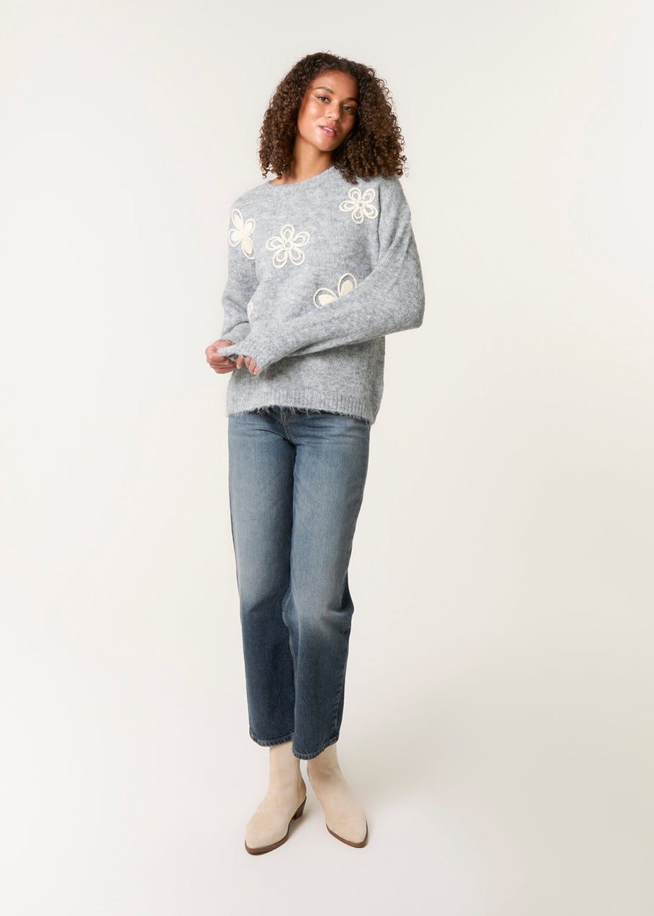 Blue Vanilla Grey Jumper With Embroidered Flowers