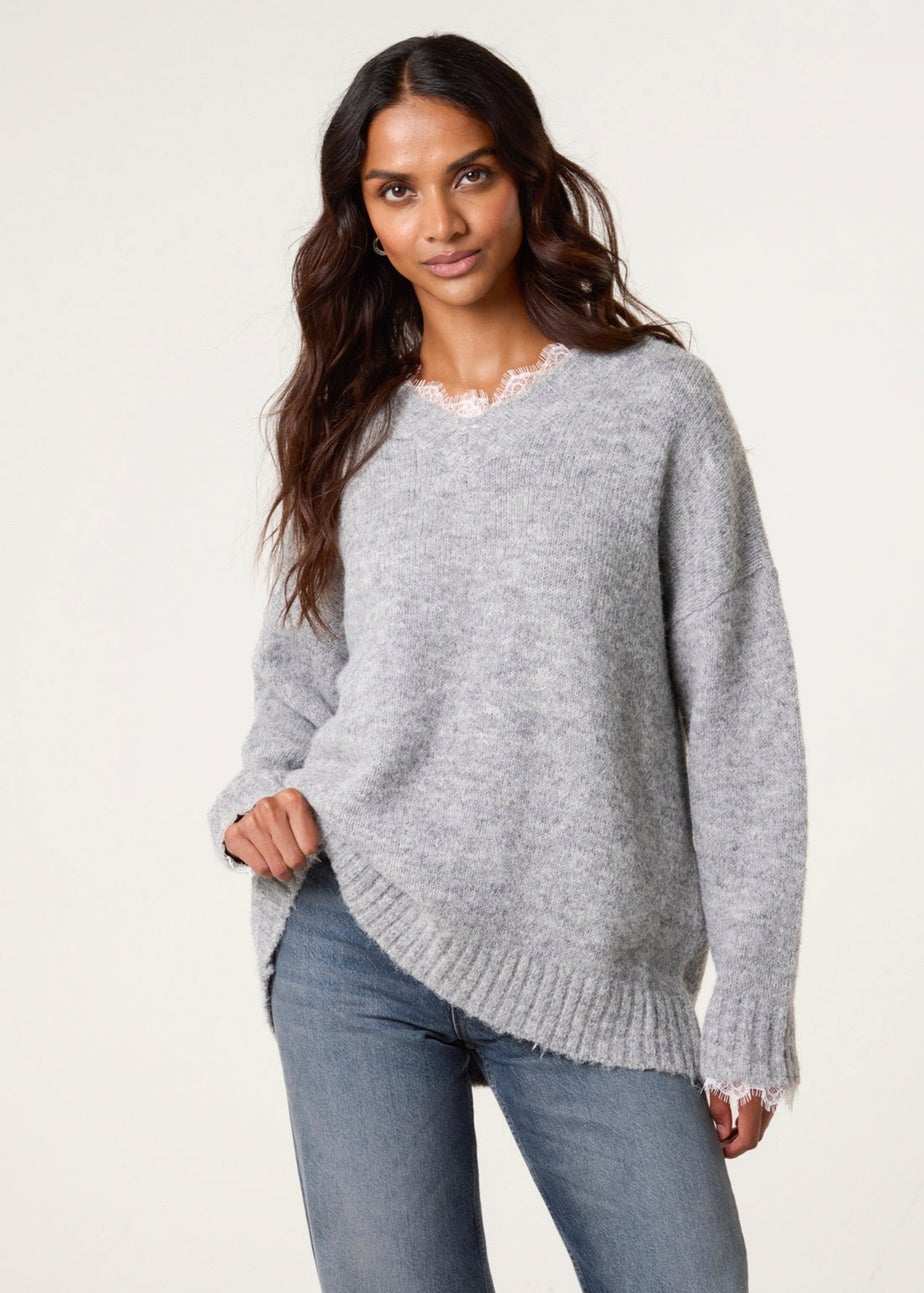 Blue Vanilla Grey Lace Trim V Neck Jumper