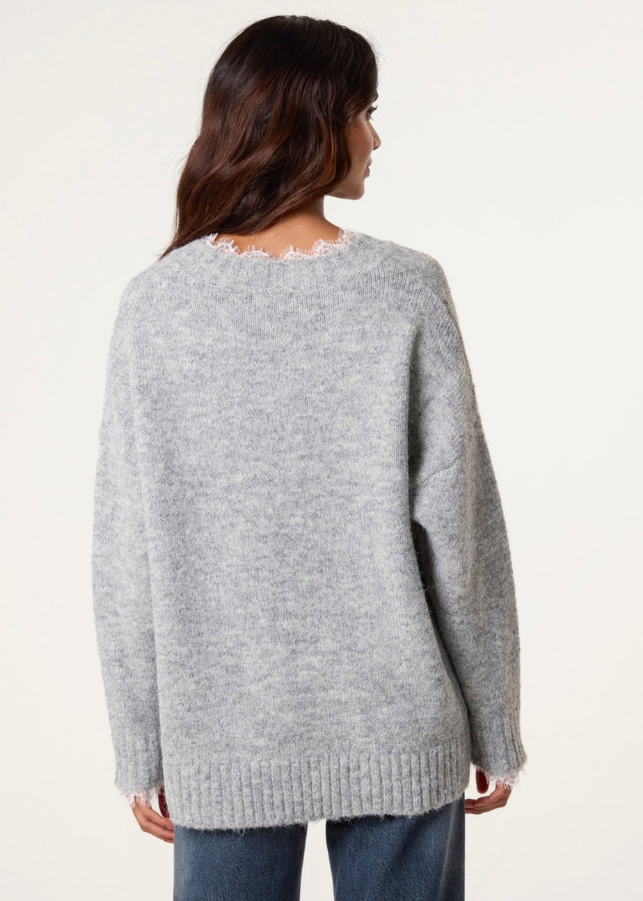 Blue Vanilla Grey Lace Trim V Neck Jumper