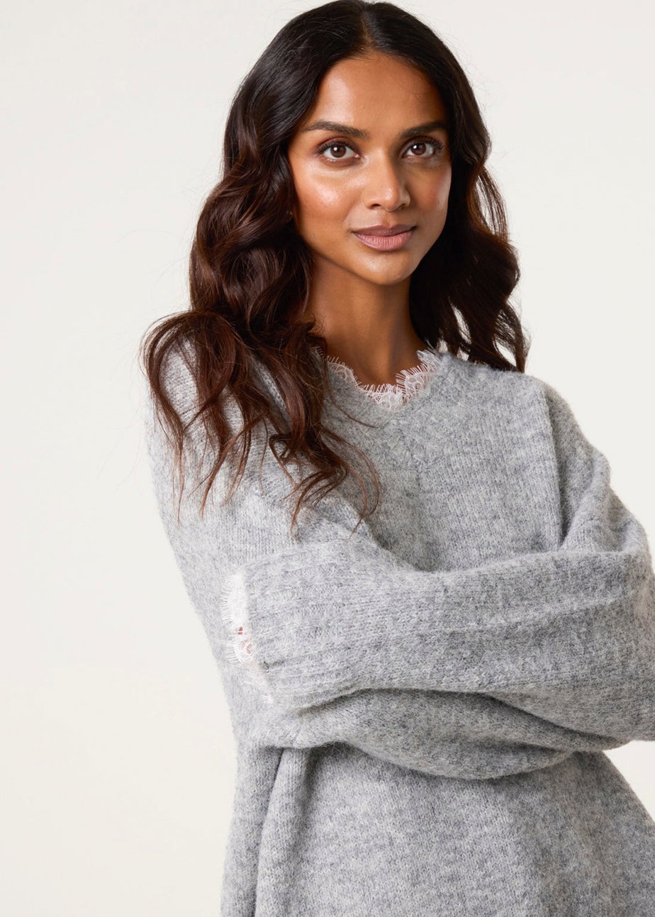 Blue Vanilla Grey Lace Trim V Neck Jumper