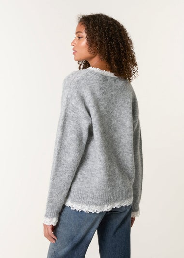 Blue Vanilla Grey Lace Trim Pussy Bow Jumper